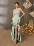 Elegant Strapless Fitted Mermaid Evening Gown With Asymmetrical Ruffle Floor-Length Hem, Suitable For Wedding, Reception, Formal Dinner