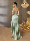 Elegant Strapless Fitted Mermaid Evening Gown With Asymmetrical Ruffle Floor-Length Hem, Suitable For Wedding, Reception, Formal Dinner