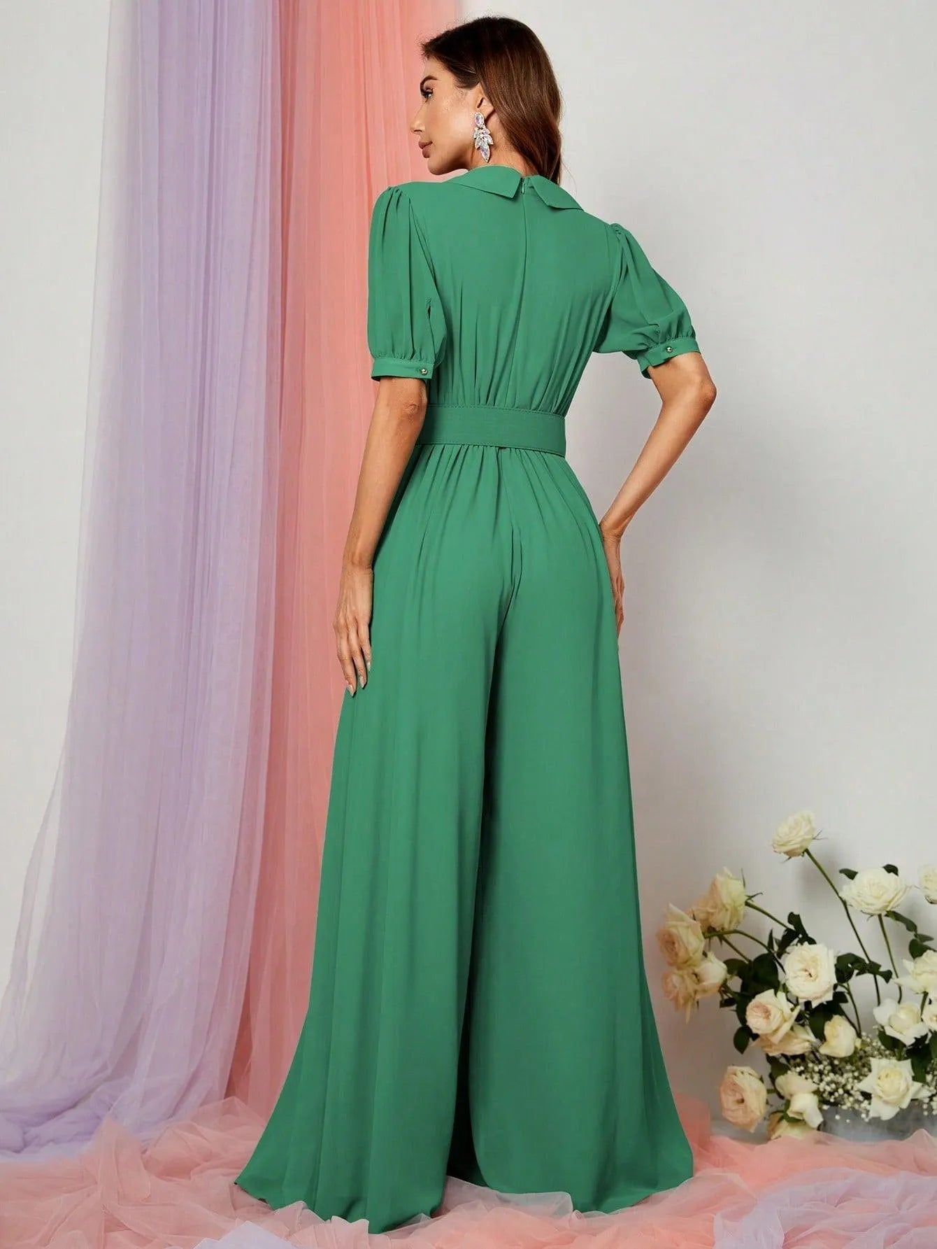 Plunging Neck Puff Sleeves Wide Leg Jumpsuit - Elonnashop