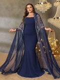 Plus Elegant Rhinestone Detail Mermaid Hem Formal Cape Dress For Galas, Weddings, Proms, Red-Carpet Events, And High-End Banquets