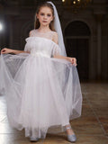 Delicate Spaghetti Strap A-Line Flower Girl Dress With Sheer Bow Details And Tiered Tulle Skirt For Wedding Ceremonies, Formal Galas, Evening Receptions, Birthday Celebrations, Awards Ceremonies