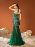 Luxury Beaded Sequin Embroidered Strapless Mermaid Gown With Floral Bodice And Tulle Skirt For Weddings, Gala Dinners,Garden Parties,Red Carpet Events
