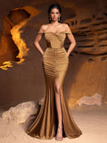 Style Off-Shoulder Ruched Party Dress For Women With Front Thigh Slit & Mermaid Hemline - Elevate Formal Attire For Galas, Awards Nights, Wedding Receptions, Charity Banquets, Black-Tie Events