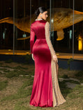 Elegant Off-Shoulder Pearl Chiffon Satin Evening Gown, Adorned With Beaded Mesh Accents - Fitted Silhouette, High Slit Floor-Length Skirt - Ideal For Weddings, Formal Receptions, Galas
