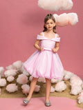 Tween Girls' Off-Shoulder Heart Neckline Pink Princess Dress With Wide Ruffle Sleeve, Waist Bow, And Layered Tulle Skirt For Birthday Party, Wedding Flower Girl, Pageant, Or Special Celebration