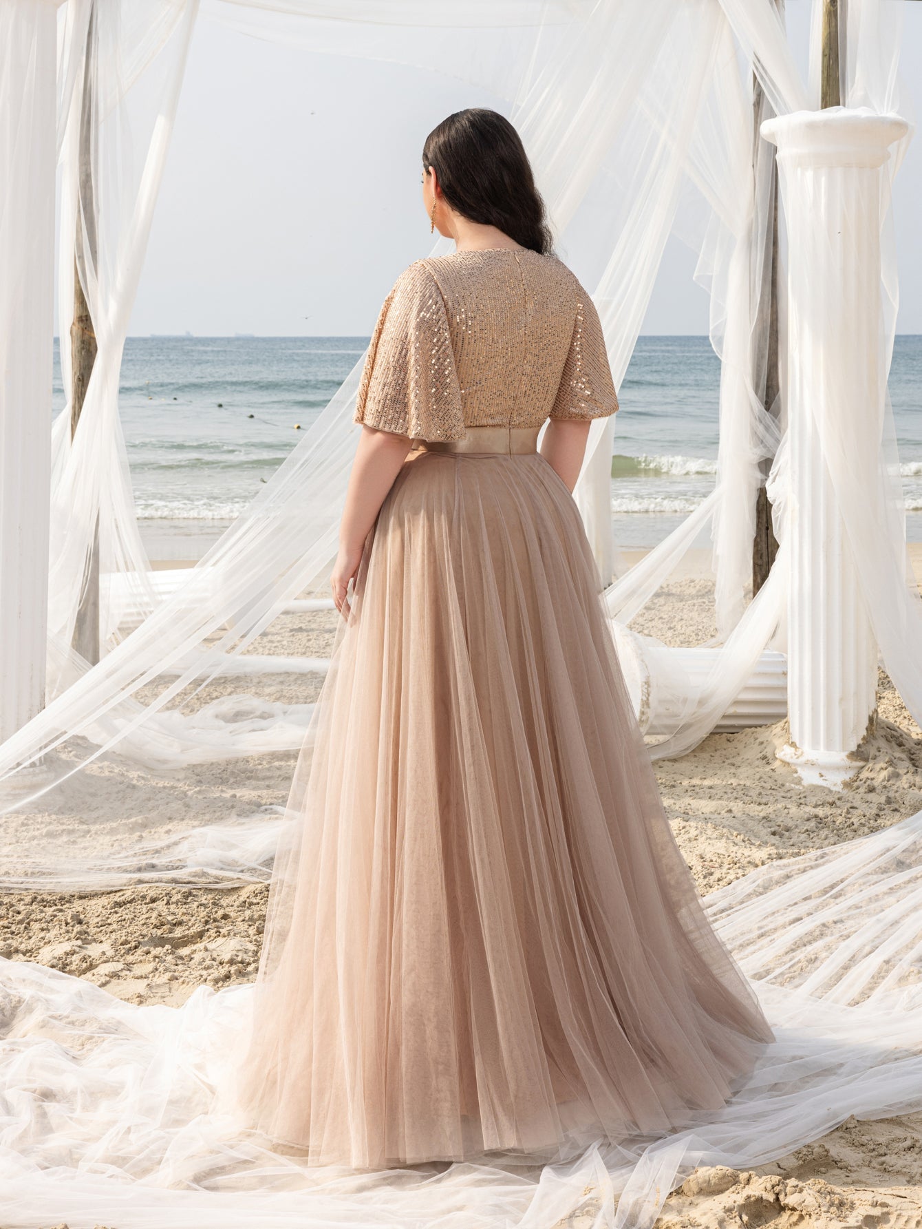 Plus Elegant Surplice Neck Butterfly Sleeves Sequin Evening Dress