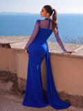 Style Stand Collar Evening Gown With Long Sleeves – Diamond Embellished Side Slit Mermaid Skirt With Ribbon Trim, Lightweight Chiffon For Formal Events