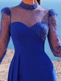 Style Stand Collar Evening Gown With Long Sleeves – Diamond Embellished Side Slit Mermaid Skirt With Ribbon Trim, Lightweight Chiffon For Formal Events
