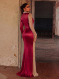 Elegant Off-Shoulder Pearl Chiffon Satin Evening Gown, Adorned With Beaded Mesh Accents - Fitted Silhouette, High Slit Floor-Length Skirt - Ideal For Weddings, Formal Receptions, Galas