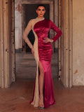 Elegant Off-Shoulder Pearl Chiffon Satin Evening Gown, Adorned With Beaded Mesh Accents - Fitted Silhouette, High Slit Floor-Length Skirt - Ideal For Weddings, Formal Receptions, Galas