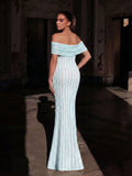 Elegant Off-The-Shoulder With 3D Floral Appliques & Mermaid Hemline – Formal Evening Gown With Figure-Hugging Silhouette For Black Tie Galas, Red Carpet Events, Luxury Wedding Receptions, Formal Dinners, And Award Ceremonies Wedding Prom Dress