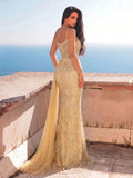 Style Luxury Sequin & Beaded Mermaid Cami Evening Gown - High Slit Revealing Sheer Tulle Overlay, Geometric Beading For Red Carpet Galas, Bridal Banquets, Black Tie Affairs