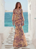 Elegant Floral Print Chiffon Evening Gown With Mermaid Silhouette – Luxurious Elegance For Red Carpet Events, Weddings, Art Gallery Openings, Gala Dinners, And High-End Social Gatherings,Vacation Essentials