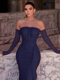 Elegant Women's Pink Strapless Mesh Formal Gown With Ruched Ruffle Detail Side Slit, Long Mermaid Sleeve Party Dress For Prom Evening