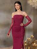 Teen Girls' Stunning Strapless Mermaid Formal Dress, Suitable For Teenagers, With Ruched Bodice Design And Thigh Slit, Perfect For Prom, Banquet, Pageant And Milestone Celebration