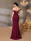 Teen Girls' Charming Off-Shoulder Twisted Bust Design Long Dress, Suitable For Teenagers, Front Slit And Cinched Waist Back - Ideal For Parties, Evenings, Ceremonies, Celebrations