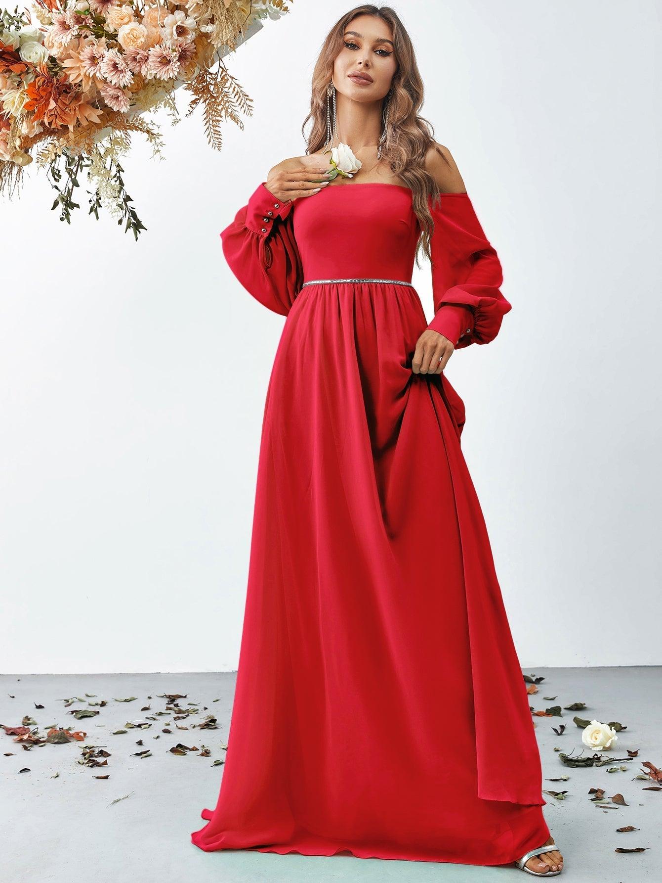 Off Shoulder Bishop Sleeves Chiffon Formal Dress - Elonnashop