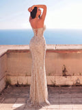 Women's Shiny Sequin Mermaid Evening Gown, Strapless Fitted Waist Long Dress, Suitable For Prom And Formal Occasions