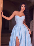 Elegant Strapless Heart-Shaped Neckline Cinched Waist Jacquard A-Line Long Dress, High Slit Flowy Evening Gown, Suitable For Photography, Beach Vacation