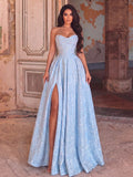 Elegant Strapless Heart-Shaped Neckline Cinched Waist Jacquard A-Line Long Dress, High Slit Flowy Evening Gown, Suitable For Photography, Beach Vacation