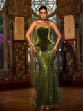 Elegant Strapless Velvet Mermaid Gown, Adorned With Dense Beading, Fitted Silhouette, Can Be Paired With Transparent Beaded Neck Scarf - An Ideal Choice For Weddings, Formal Galas, Red Carpet Events, And Formal Receptions.