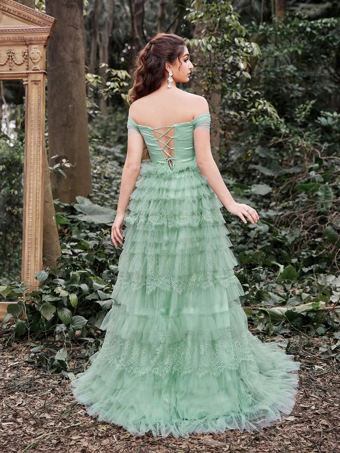 Gorgeous Applique Detail Off Shoulder Cascading Ruffle Hem Prom Dress – Elonnashop Gorgeous Applique Detail Off Shoulder Cascading Ruffle Hem Prom Dress – Elonnashop