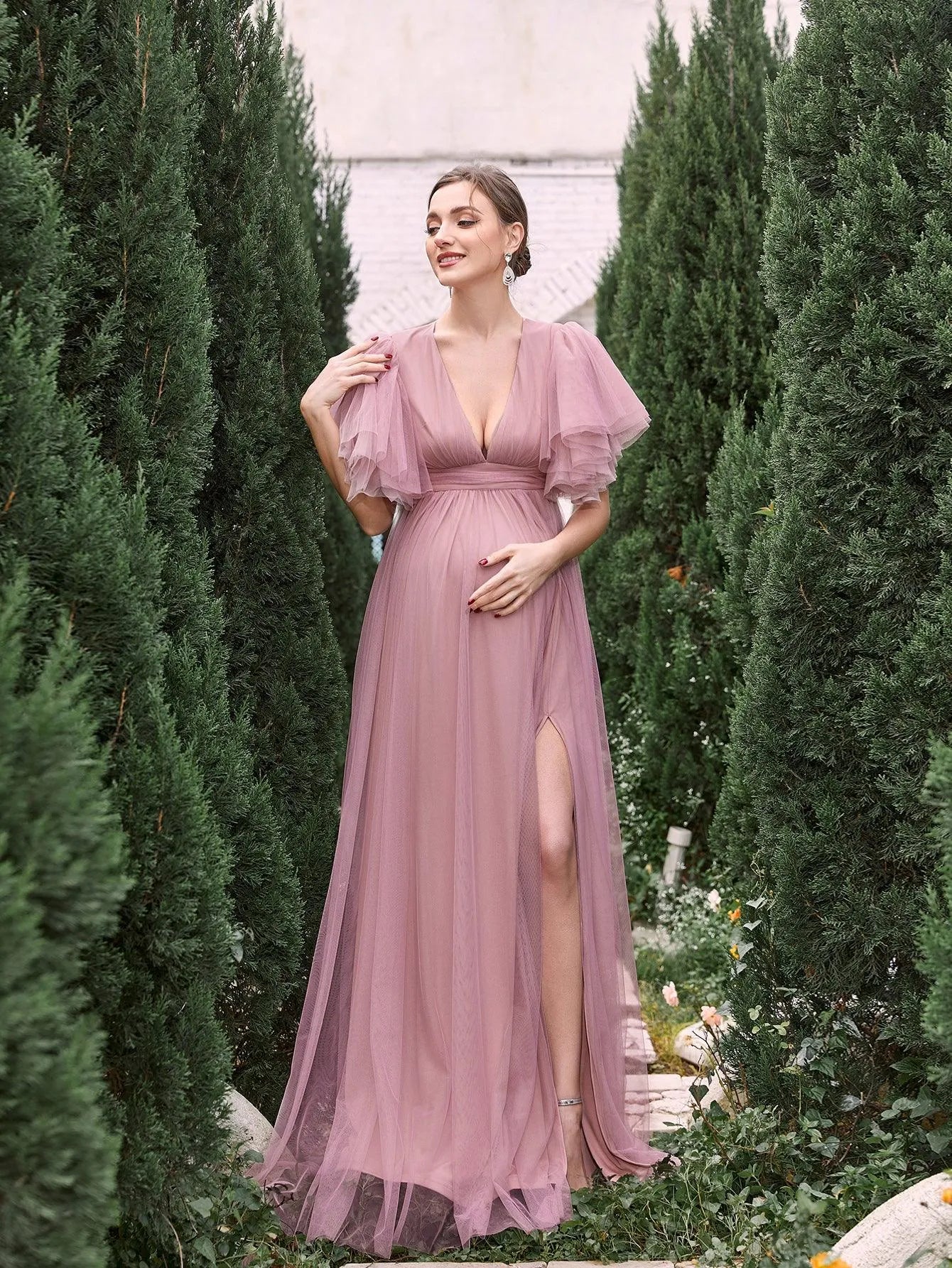 Maternity V Neck Layered Ruffle Sleeves Split Prom Dress - Elonnashop