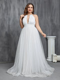 Plus Halter Neck Sleeveless Tulle Wedding Dress