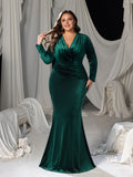 Plus V Neck Long Sleeve Velvet Mermaid Dresses
