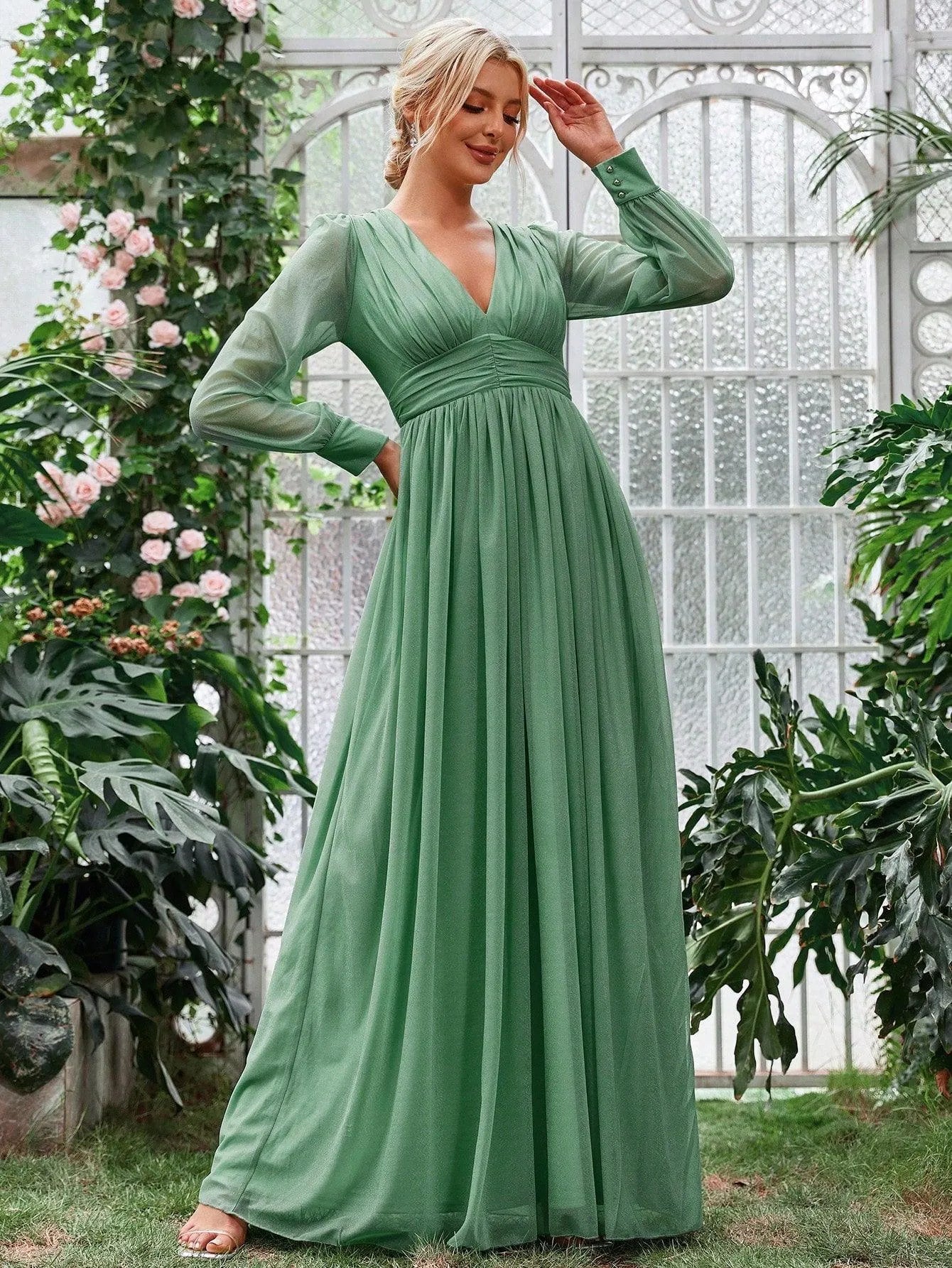 Elegant V Neck Ruched Waist Maxi Dresses - Elonnashop