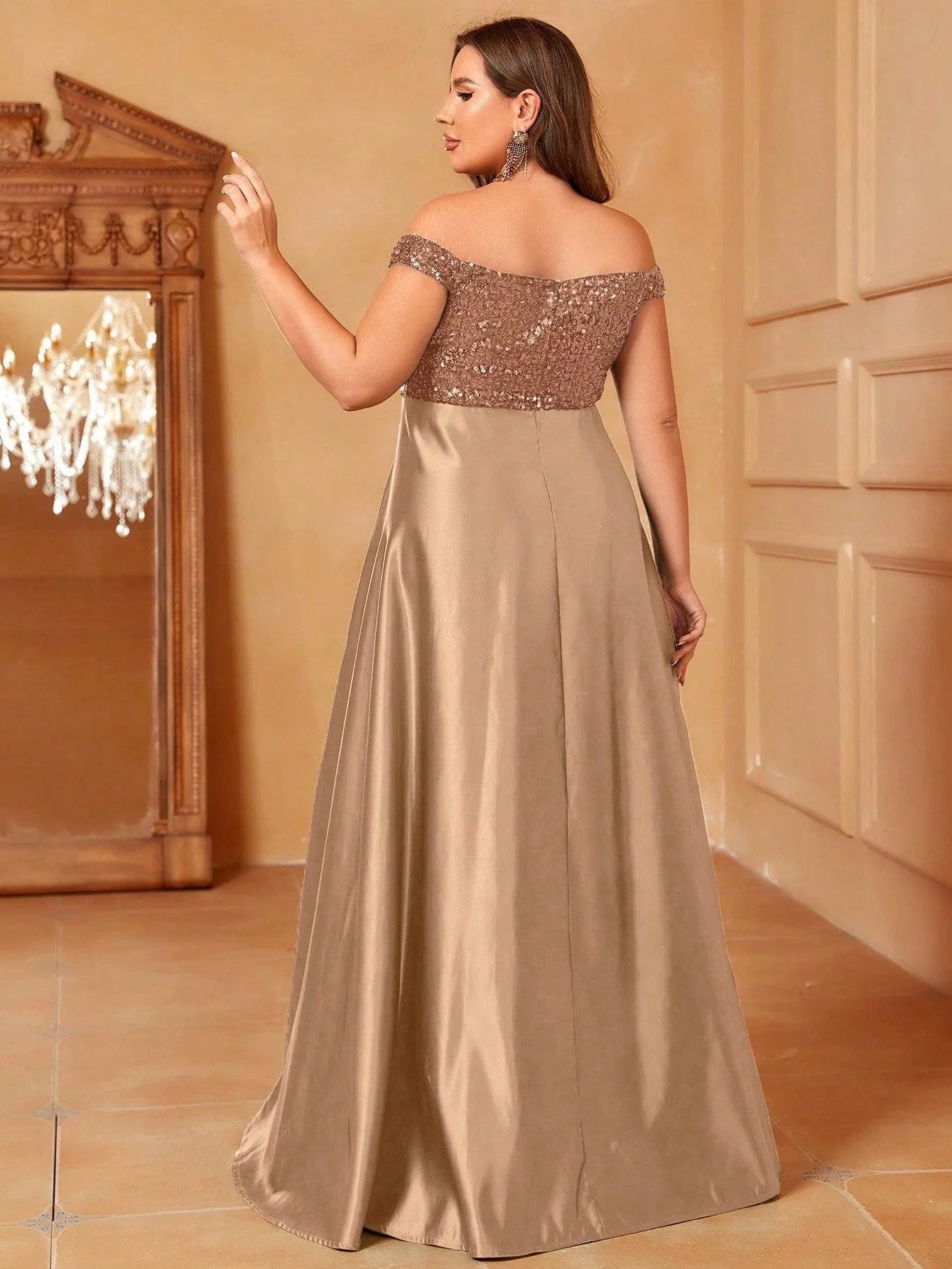 Plus Sweetheart Neckline Contrast Sequin Satin Prom Dress - Elonnashop