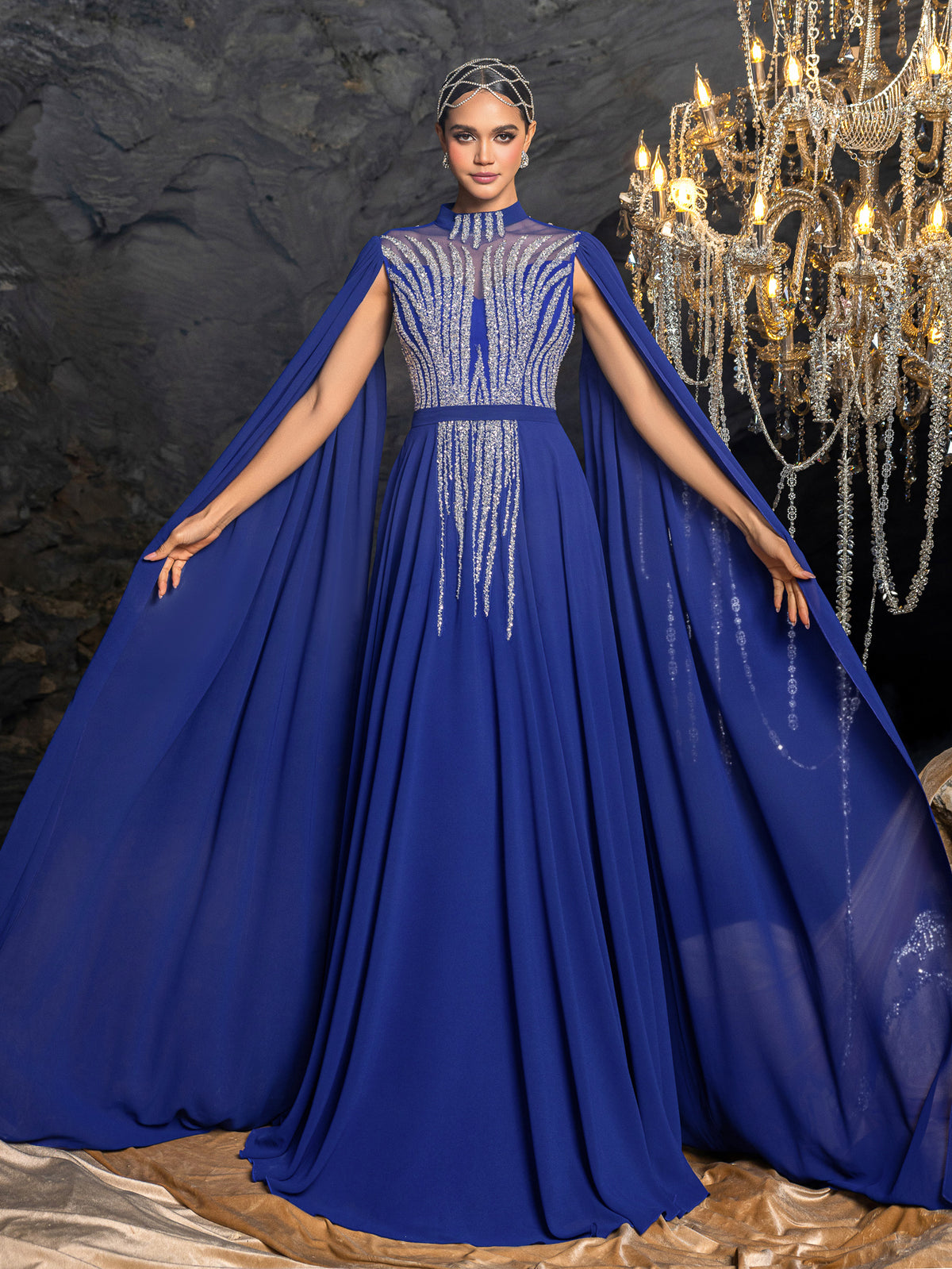 Elegant Chiffon Evening Gown with Beaded Sequin Embroidery Vertical Stripes, Cape-Style Sleeves, Flowy Skirt and Waist Belt Accent