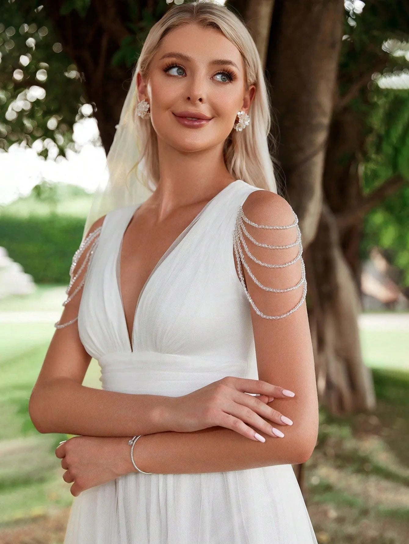 Chain Detail Plunging Neck Mesh Wedding Dress - Elonnashop