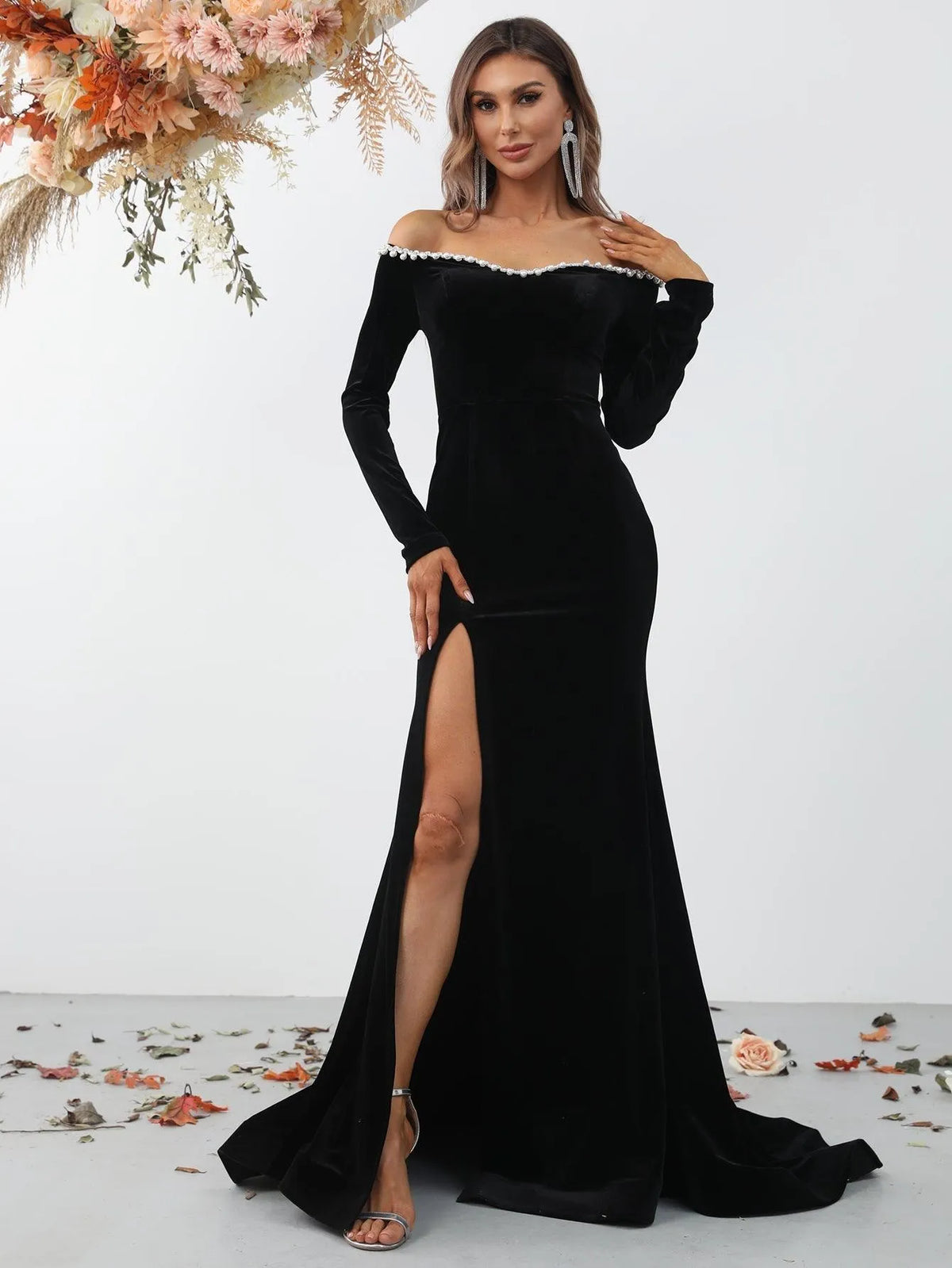 Elegant Off Shoulder Long Sleeve Slit Mermaid Dresses - Elonnashop