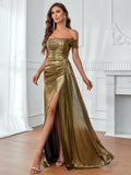 Off Shoulder Ruched Front Draped Side Metallic Party Dress - Elonnashop