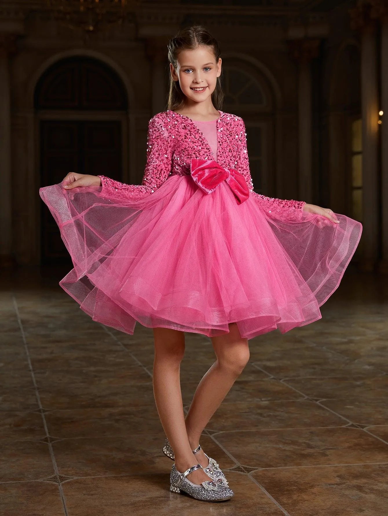 Tween Girls' Cute Bow Front Long Sleeve Party Dress - Elonnashop