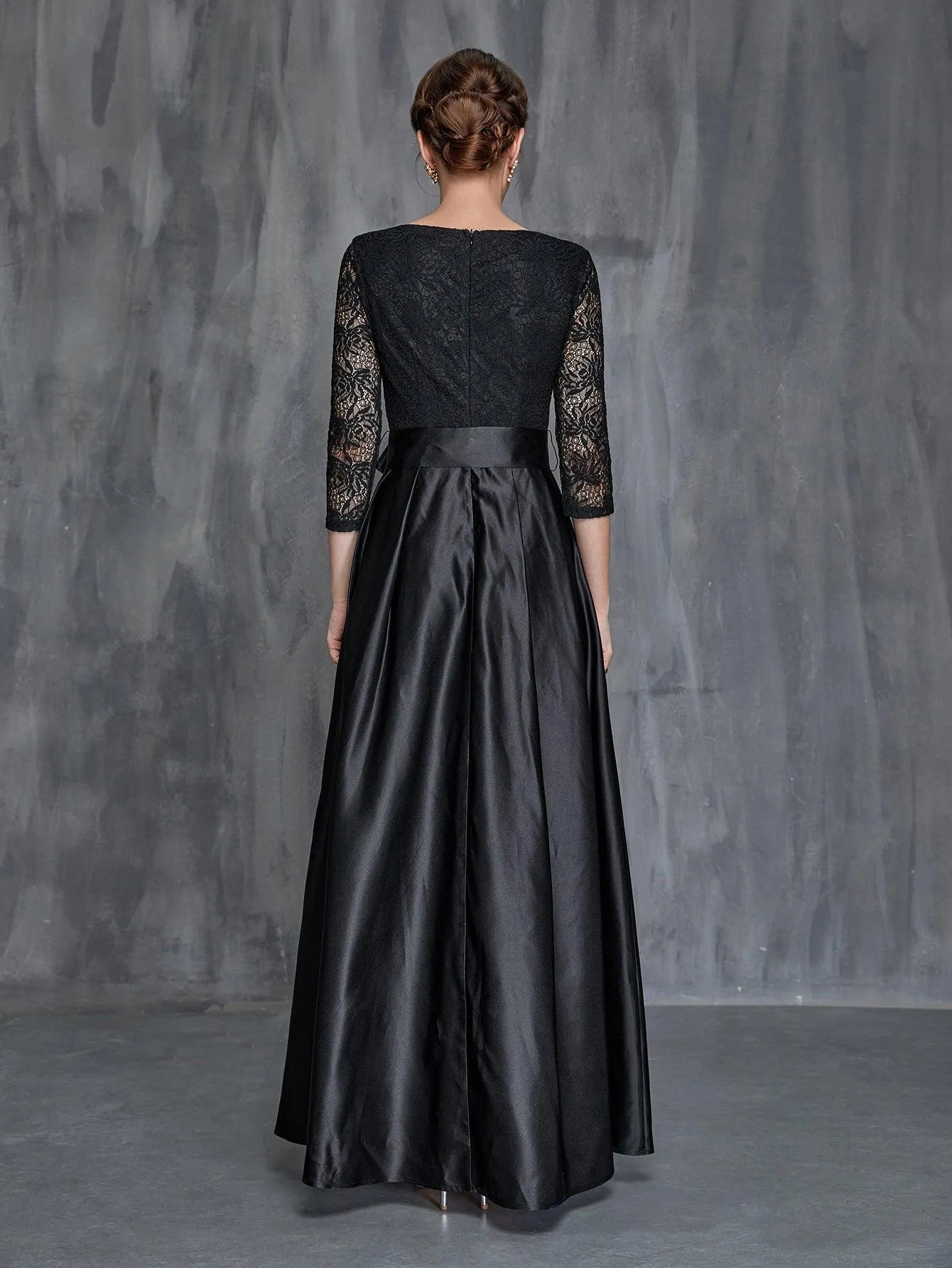Womens' Surplice Neck Lace Contrast Satin Belted Dress Black / L Womens' Surplice Neck Lace Contrast Satin Belted Dress Black / L