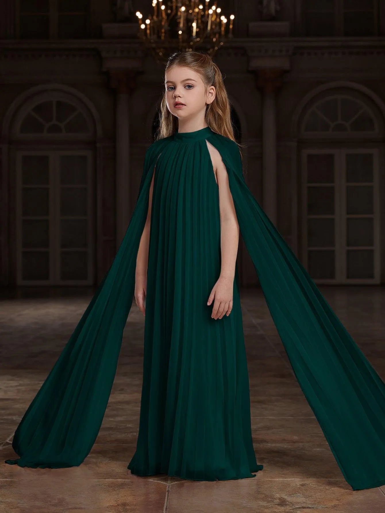 Tween Girls' Mock Neck Extra-Long Sleeves Pleated Chiffon Dress - Elonnashop