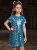 Tween Girls' Round Neck Short Sleeves Sequin Dress - Elonnashop