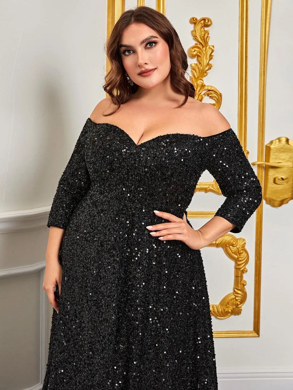 Plus Off Shoulder 3/4 Sleeves Sequin A Line Dress - Elonnashop