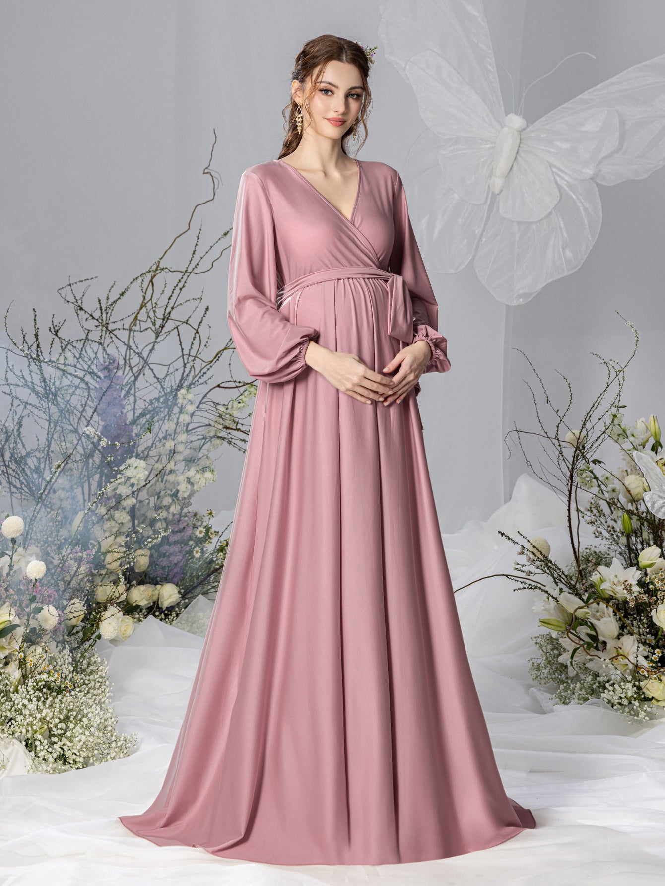 Maternity Surplice Neck A  Line Belted Dress