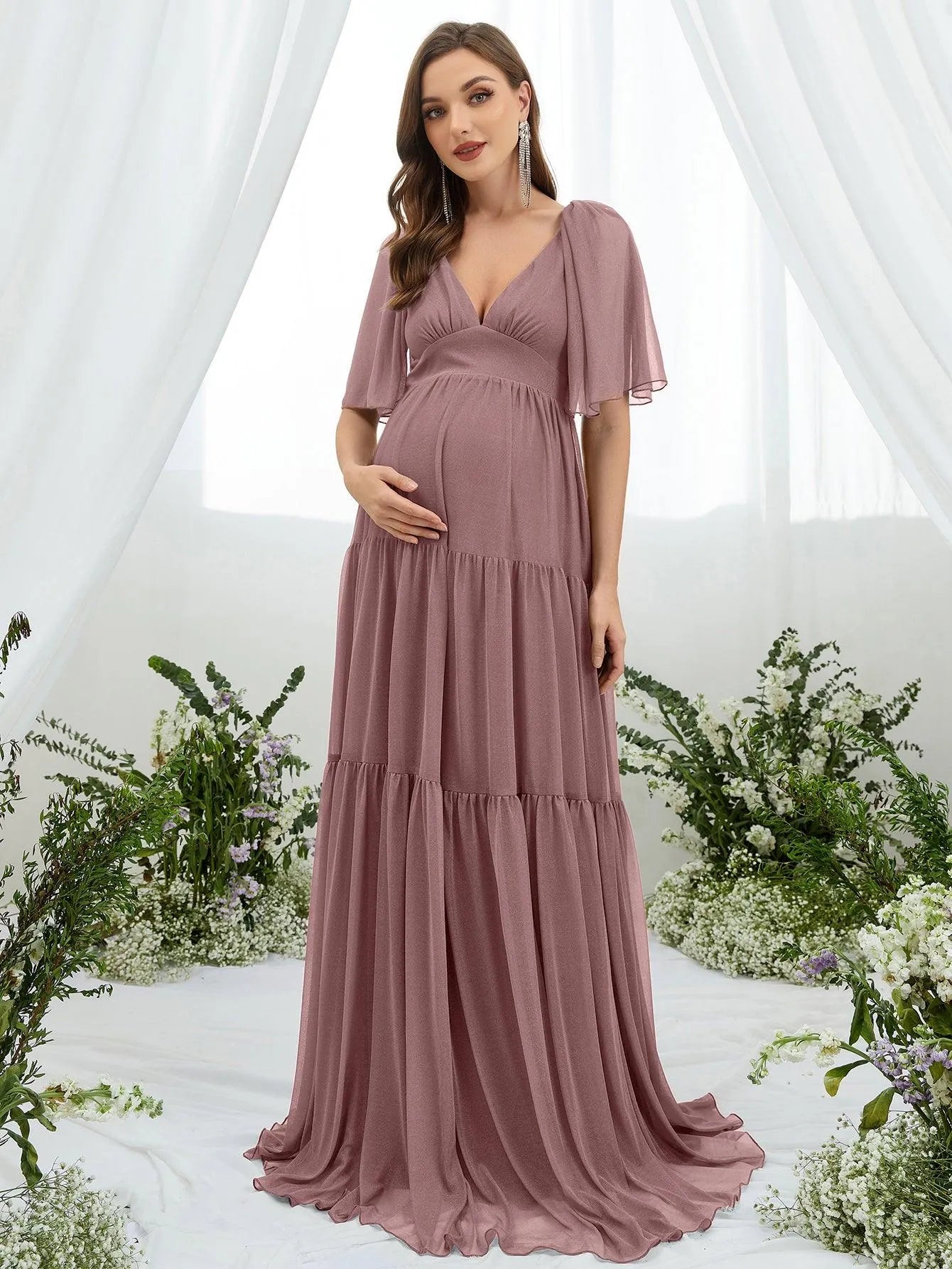 Maternity Plunging Neck Butterfly Sleeve Ruffle Hem Dress - Elonnashop