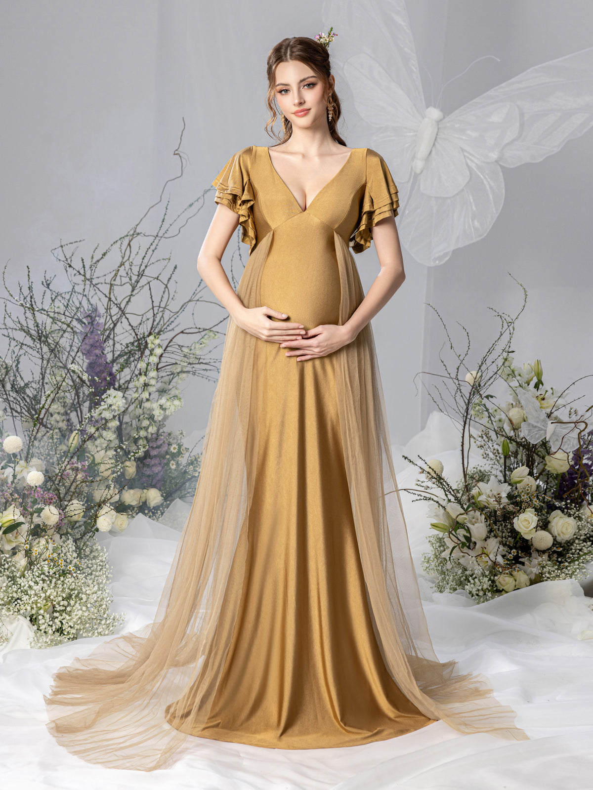 Maternity Plunging Neck Layered Ruffle Sleeve Mermaid Dress