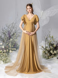 Maternity Plunging Neck Layered Ruffle Sleeve Mermaid Dress