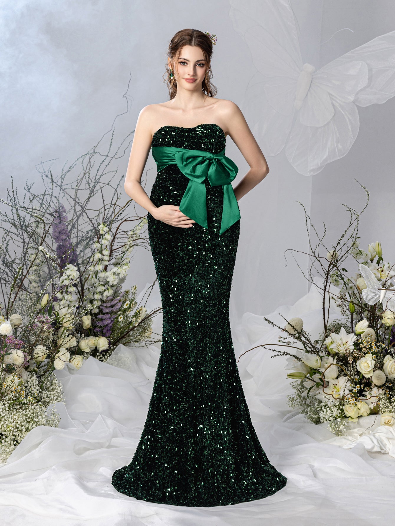 Maternity Bow Front Mermaid Hem Sequin Tube Dresses