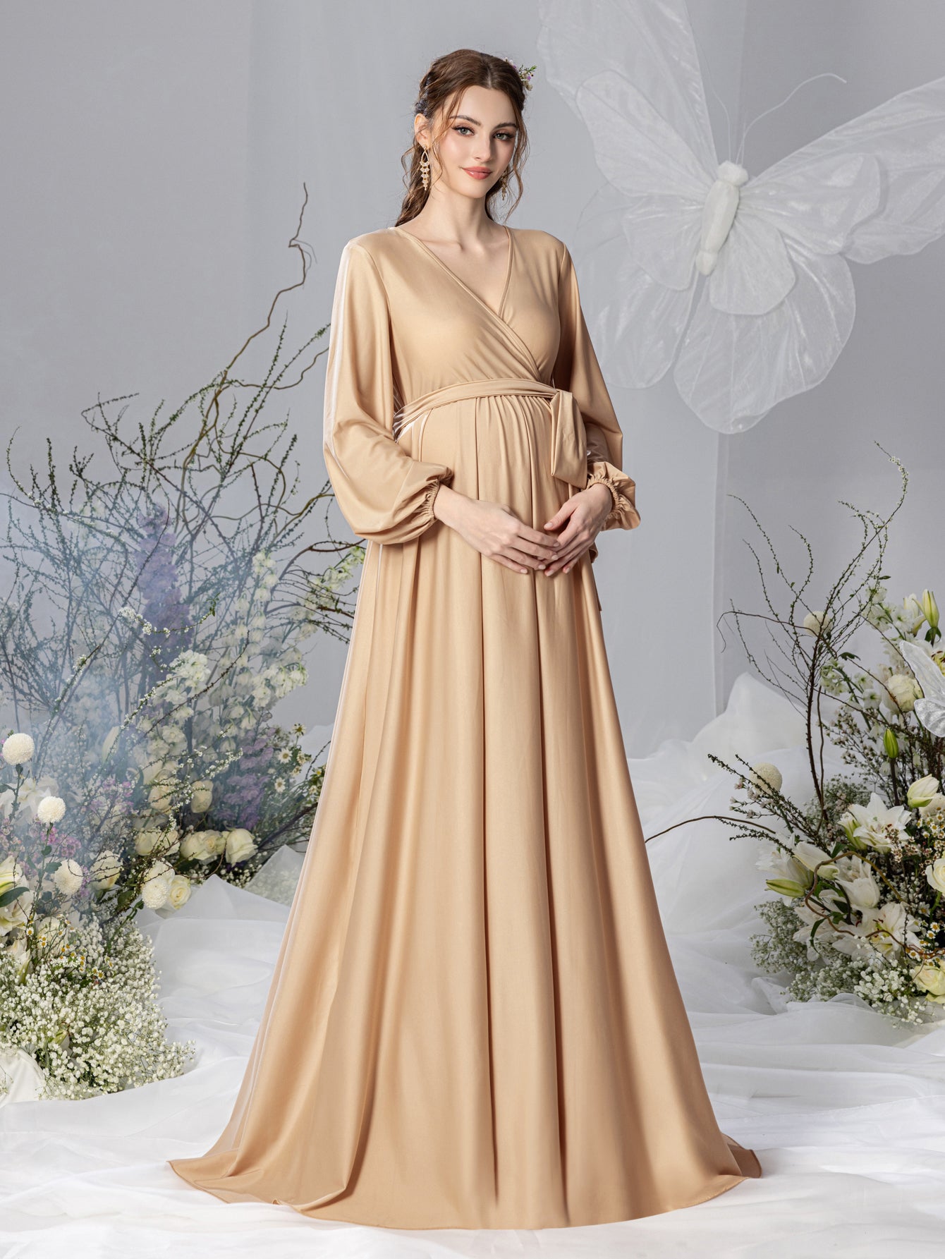 Maternity Surplice Neck A  Line Belted Dress