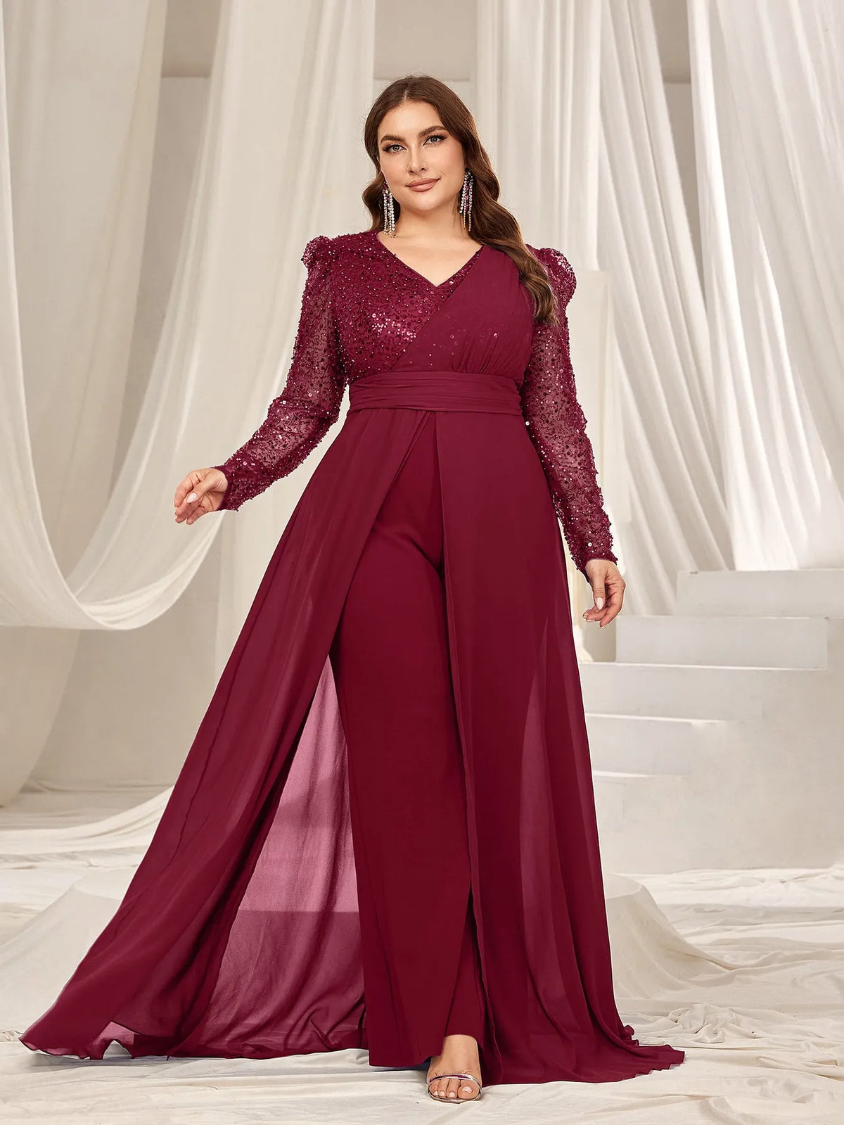 Plus Gigot Sleeves Chiffon Overlay Sequin Prom Jumpsuit