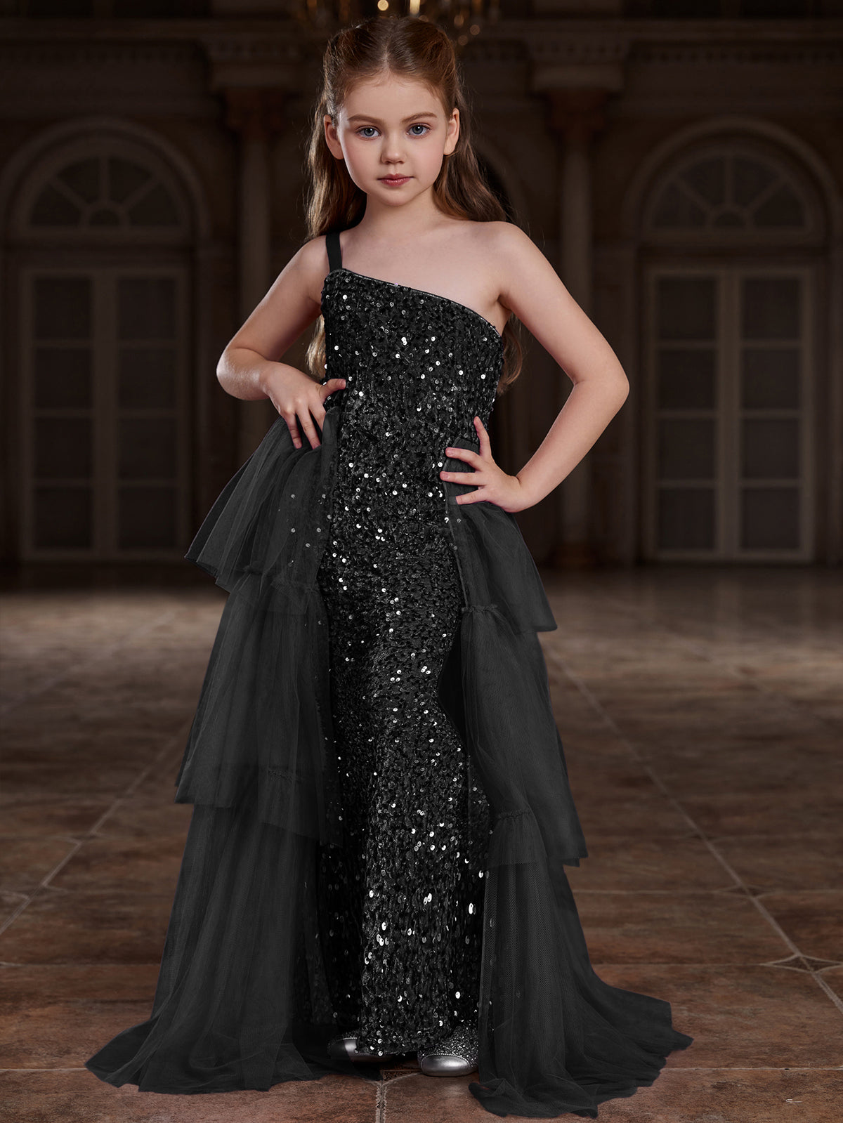 mesh and sequin dress Tween Girls' One Shoulder Sleeveless Contrast Mesh Sequin Dress – Elonnashop