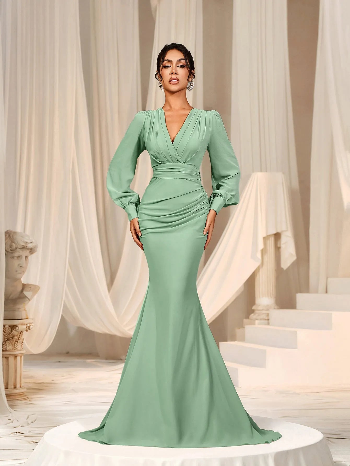 Surplice Neck Lantern Sleeve Chiffon Mermaid Dress Elonnashop Surplice Neck Lantern Sleeve Chiffon Mermaid Dress Elonnashop