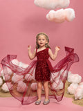 Young Girls' Asymmetrical Neckline Mesh Overlay Sequin Dress